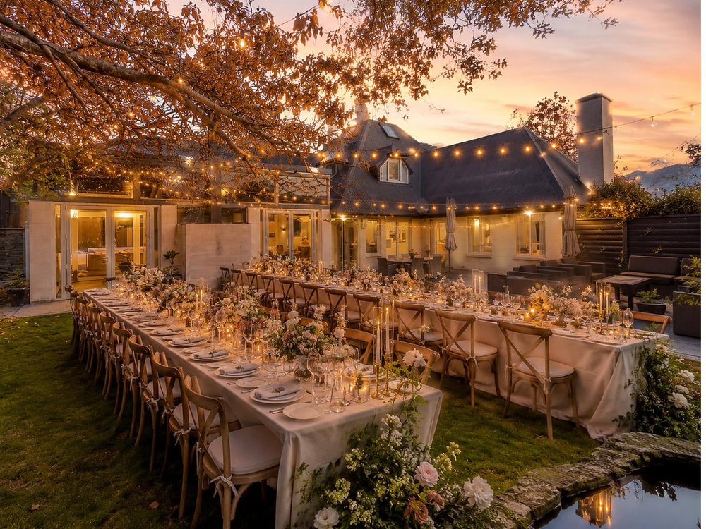A garden dinner reception at Mishika Retreat, long tables beneath the trees