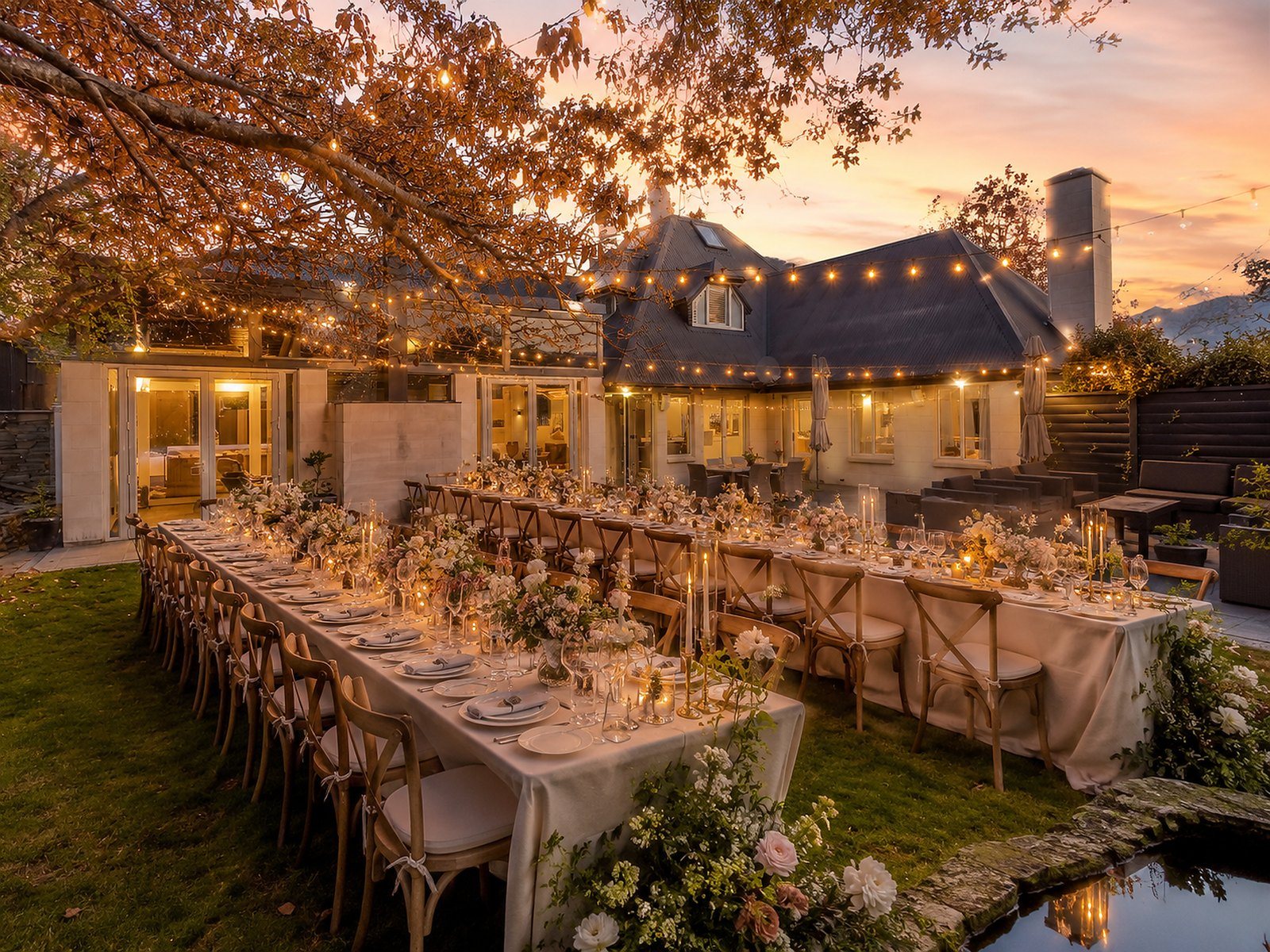 The garden at Mishika Retreat set for a wedding, Wānaka
