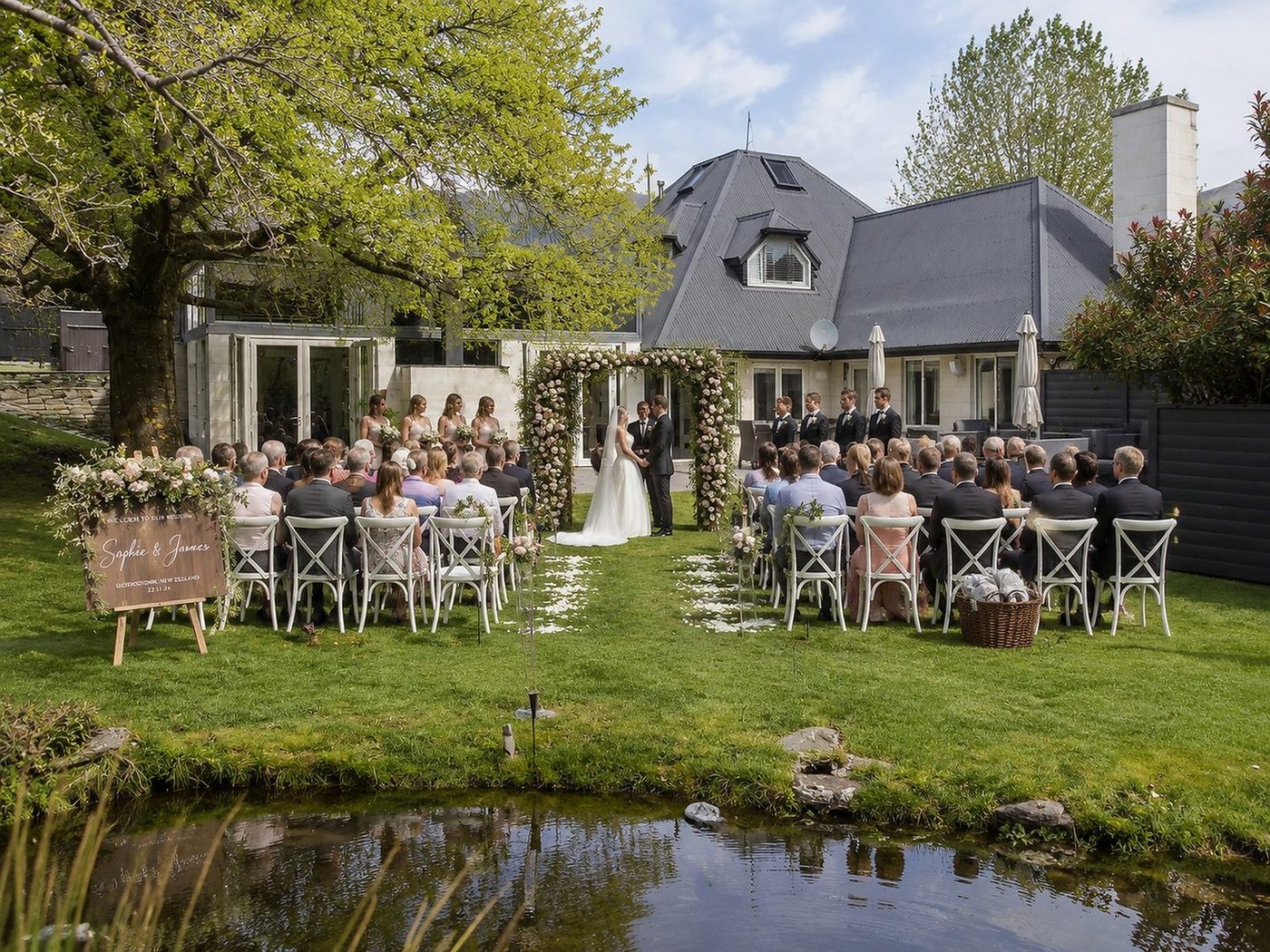 A garden wedding ceremony set in the grounds of Mishika Retreat, Wānaka